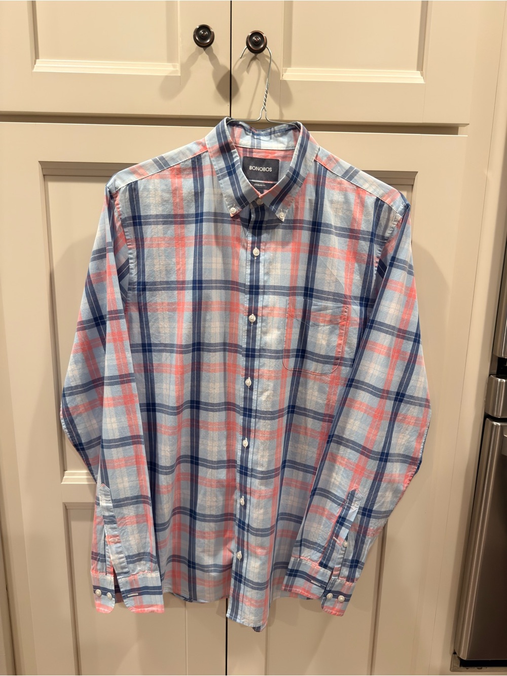 Bonobos Men’s Large Long Standard Fit Plaid Button Down Shirt Blue Pink Cotton